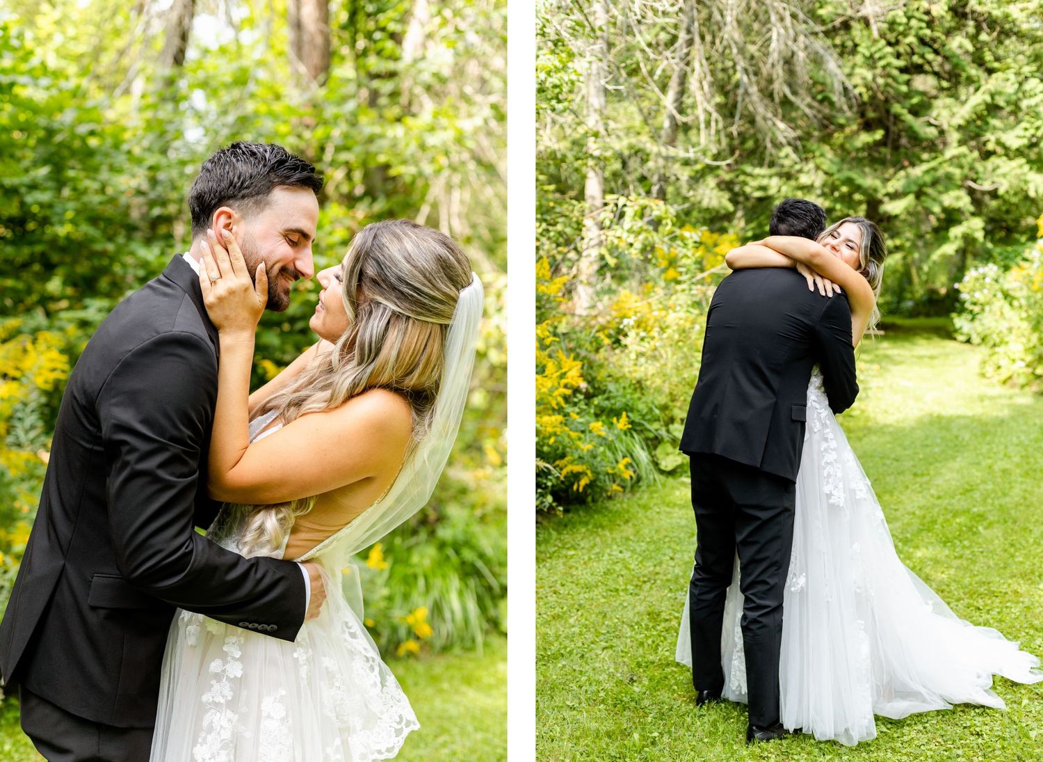 Wedding couple sharing romantic moments in a garden setting, shown in split photo composition.