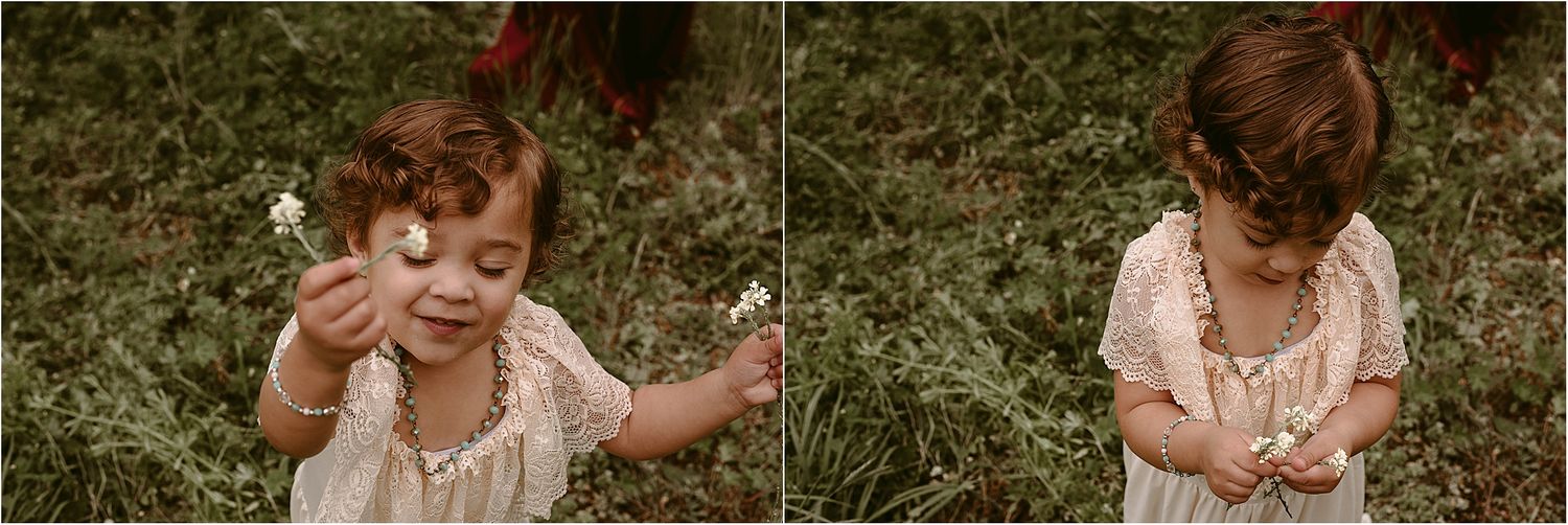 Candid photos of toddler playing outdoors in vintage-style cream dress.