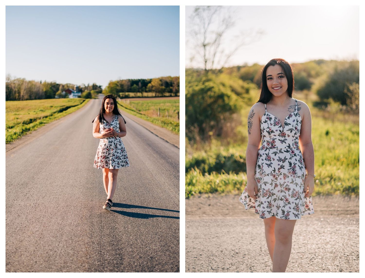 high school senior waring a white dress walking down a dirt road