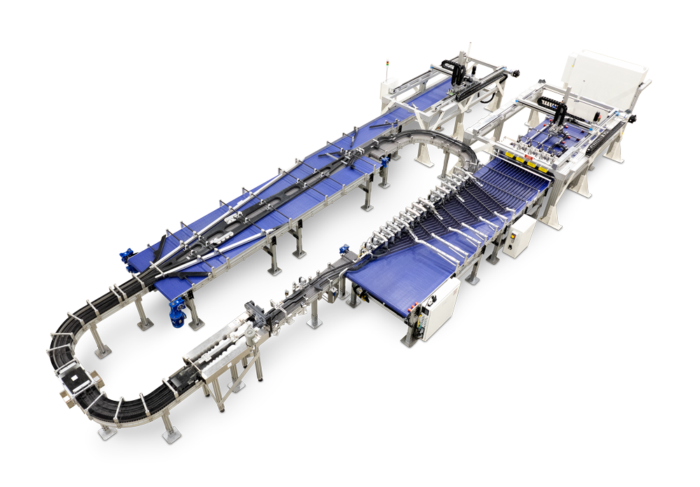 Michigan Commercial Photographer captures Automated conveyor belt system with blue rollers and metal framework for industrial production.