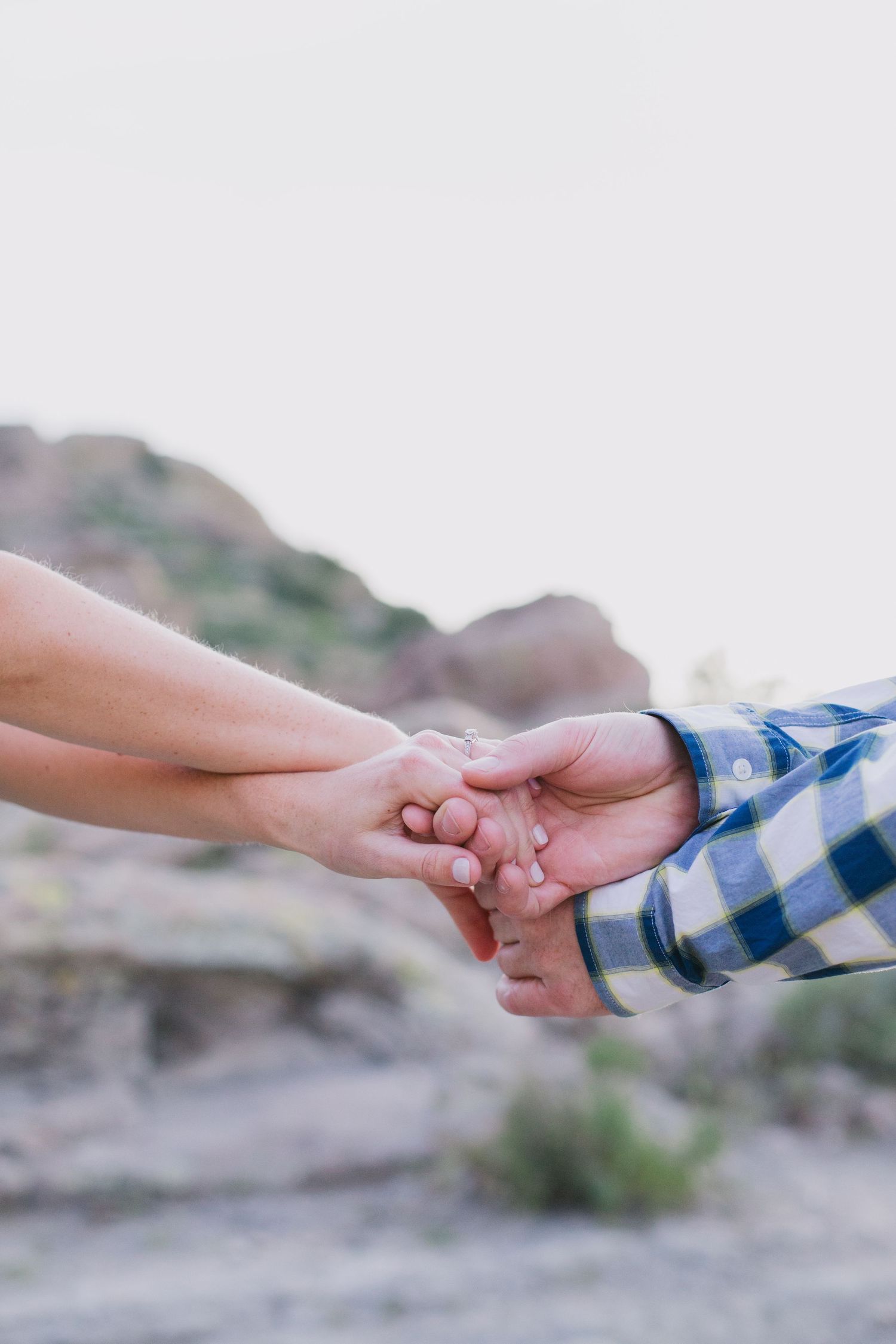 Two hands reaching out to hold each other against a desert landscape background.
