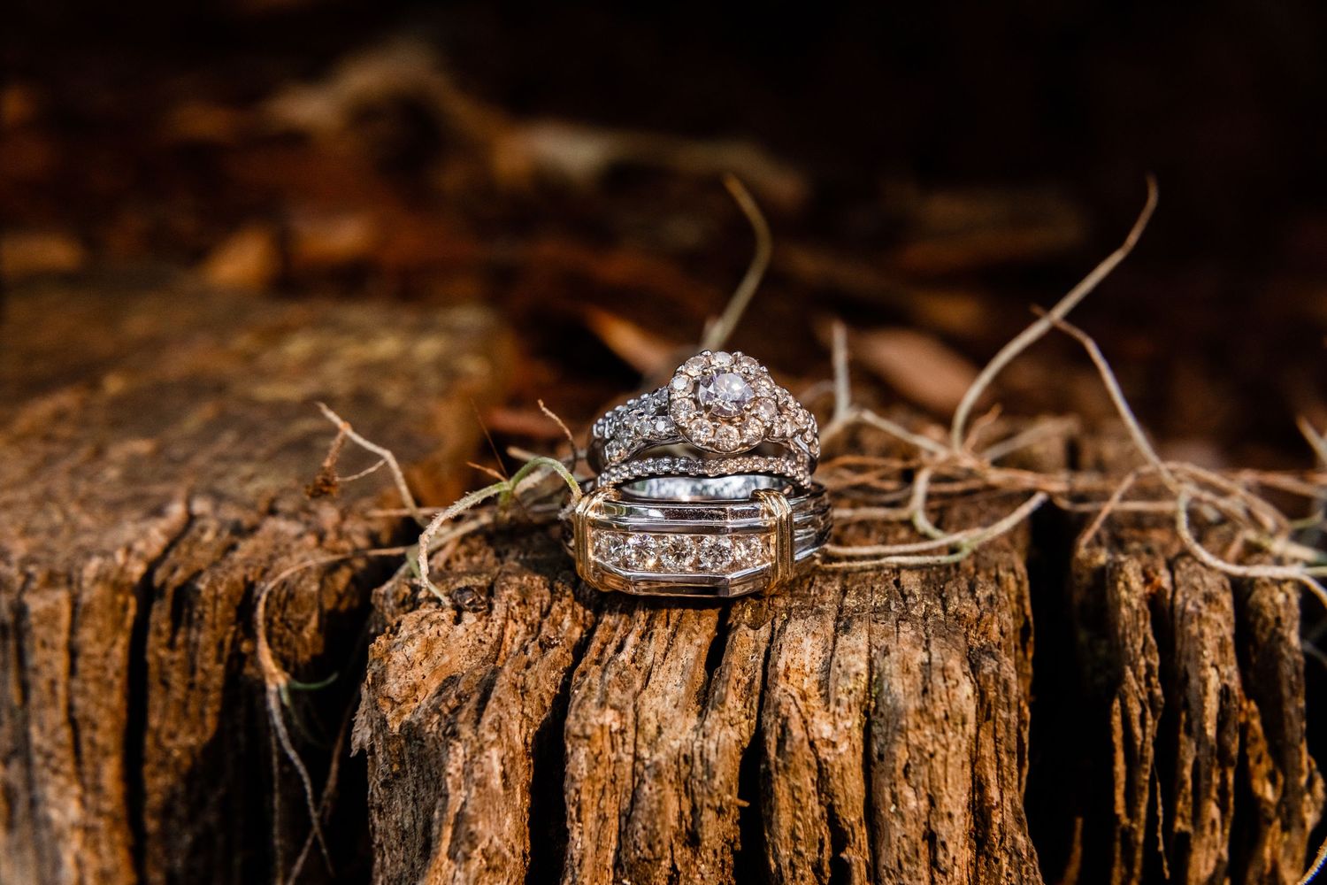 Wedding rings with diamonds photographed on rustic wooden surface with twigs.