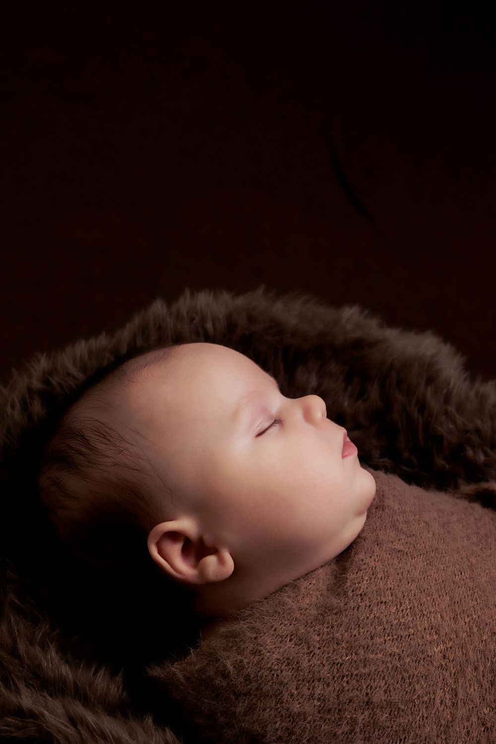 Sleeping baby in profile wrapped in brown knit against dark background with fur accents.