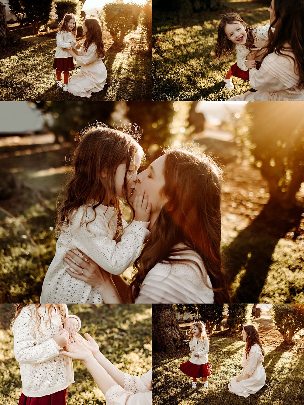 mom and daughter hug and hold hands during playful family session