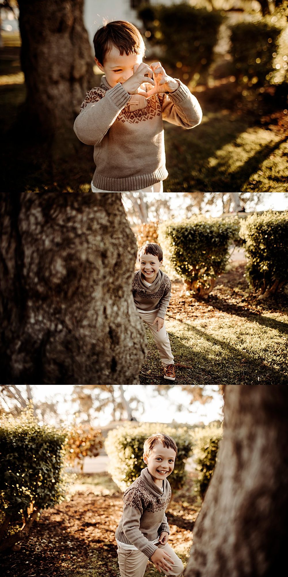 young boy smiles by tree by San Diego Photographer