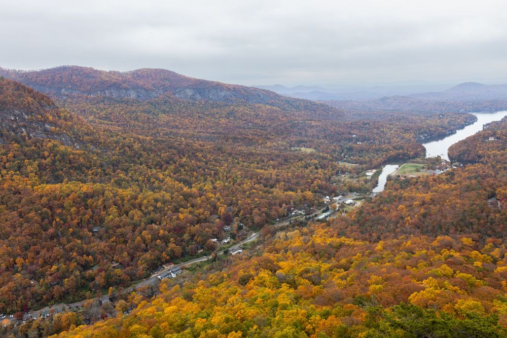 Aerial view of a winding river through colorful fall forest in the mountains.