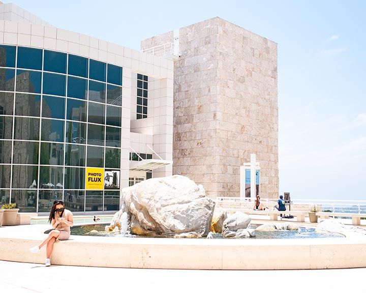 The Getty Center in Los Angeles with visitors on a bright sunny day.