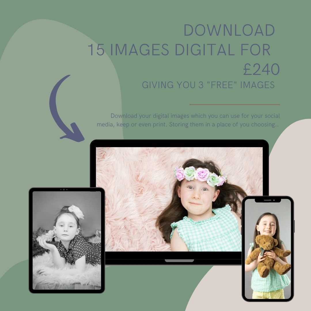 green back ground with 3 images of a girl black and white holding a bear and flower crown on