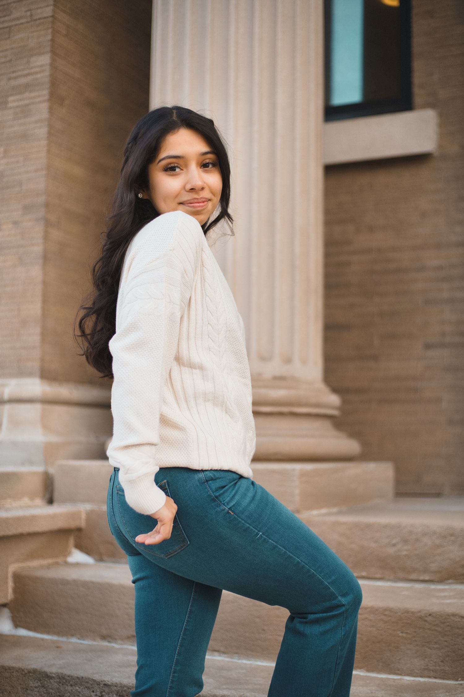 watertown public library madison wi high school senior portraits photos female wintery outdoors building brick pillars