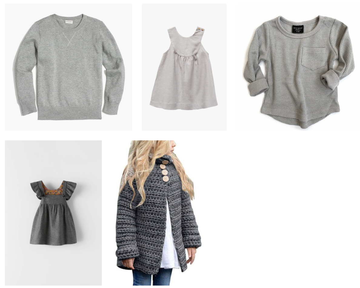 Grey casual clothing collection with sweaters, dresses and a knit cardigan.