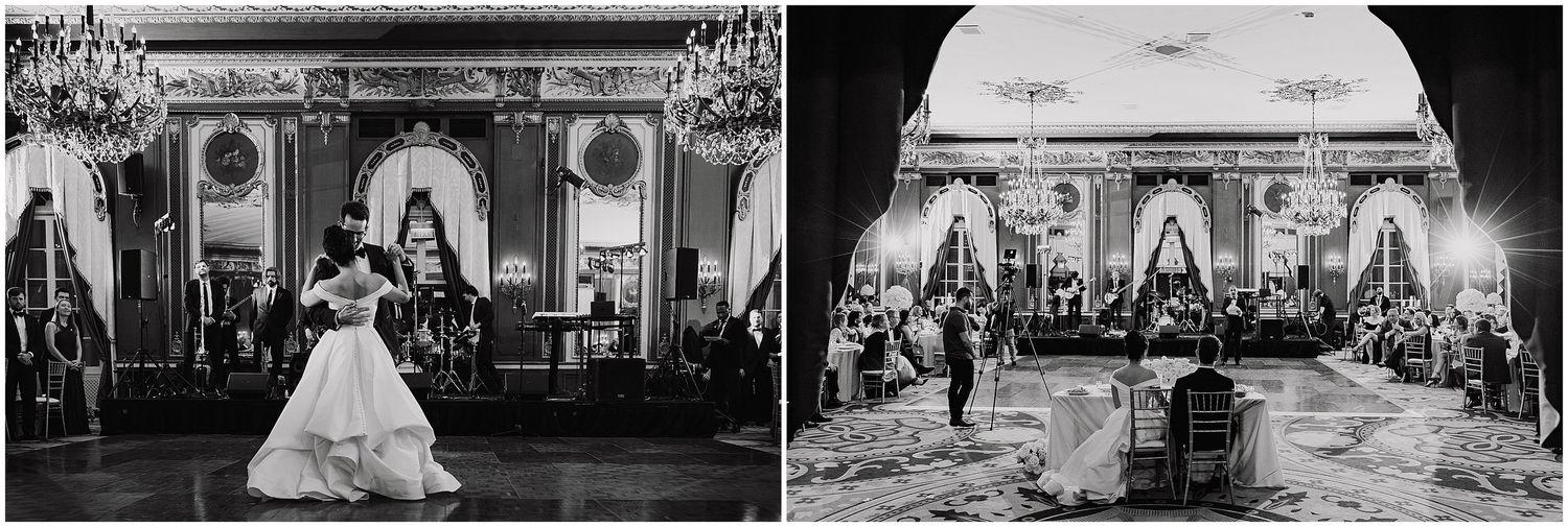 Black and white photographs of an elegant wedding reception in a luxurious historic ballroom.