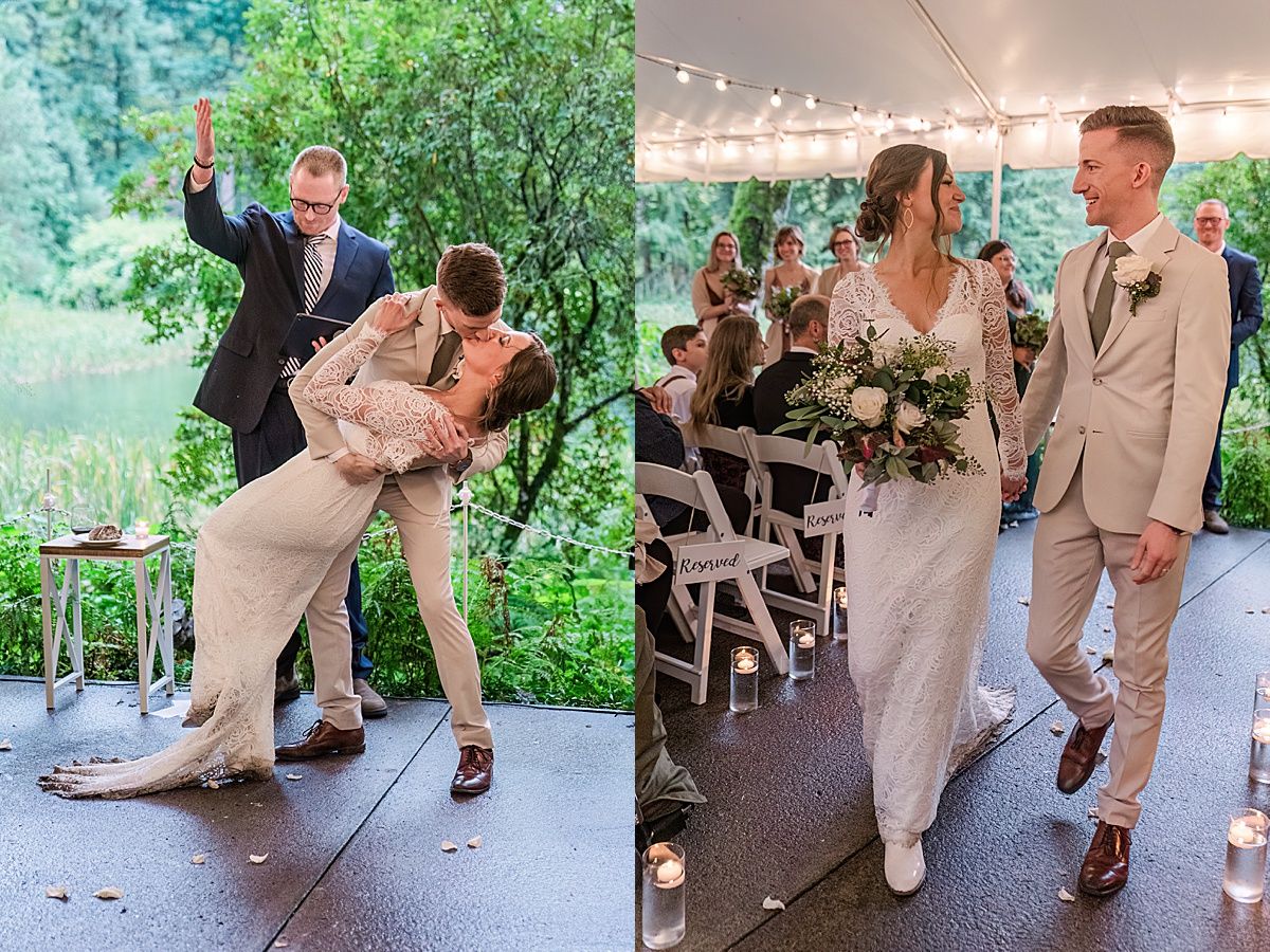 Couple dip and kiss during wedding ceremony
