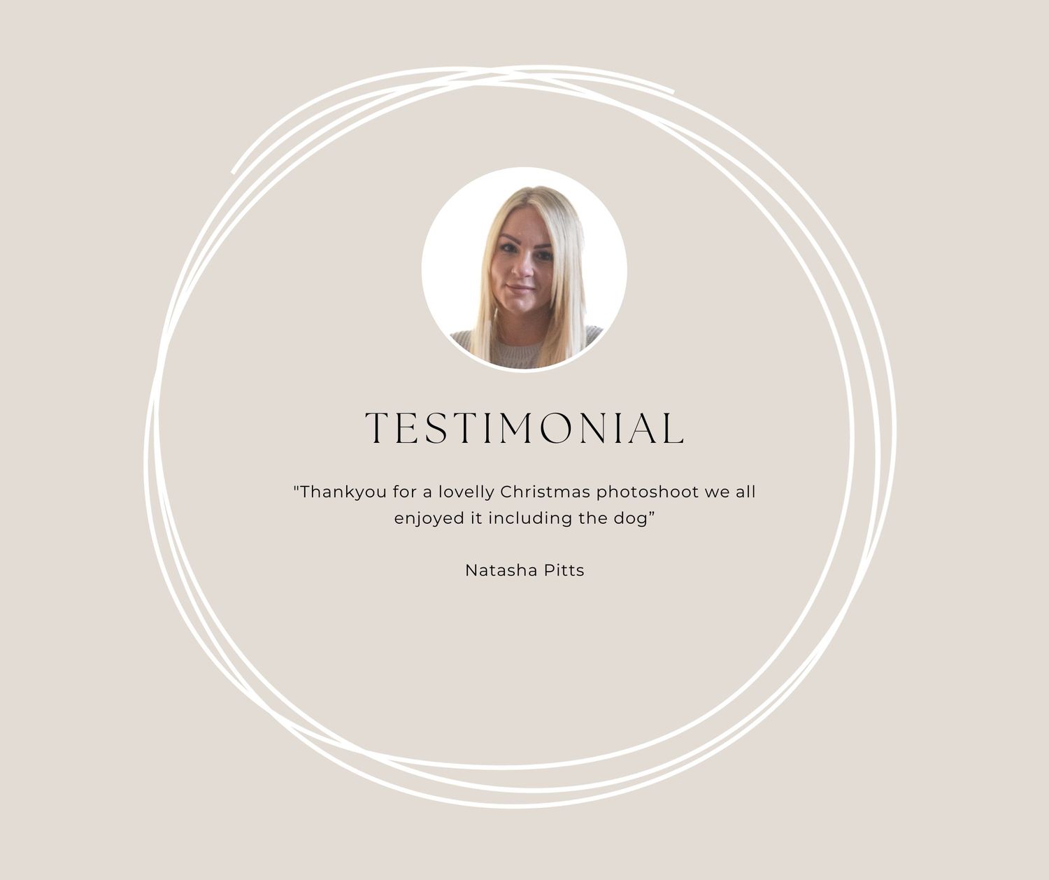 A minimalist testimonial design with concentric circles and text on a beige background.