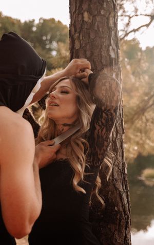 Dramatic portrait sequence against a tree trunk in golden hour lighting.