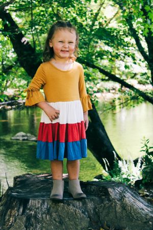 Child stands confidently on tree stump wearing colorful tiered dress near peaceful stream.