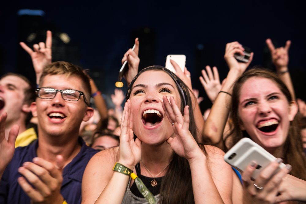 Excited concert attendees in audience cheer with hands raised during live performance at music festival.