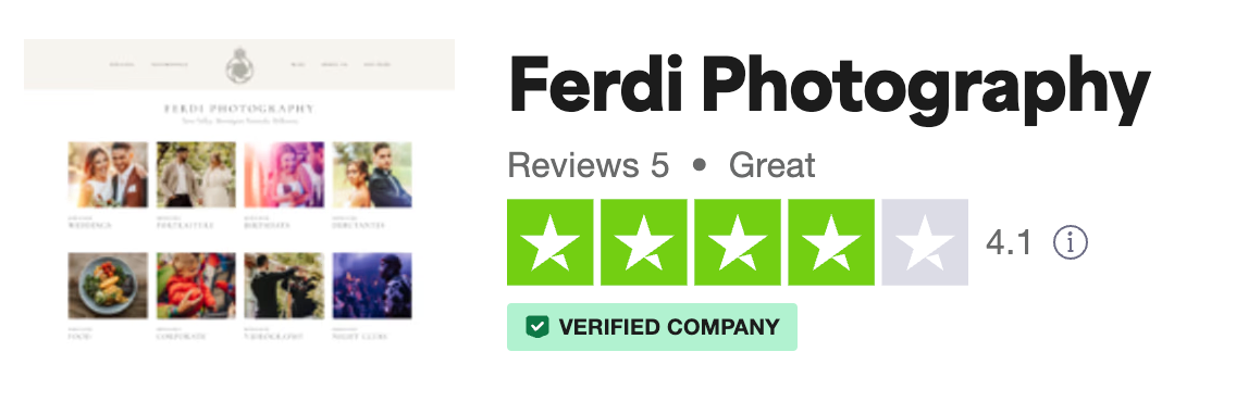 Photography business profile showing star rating and verified company status.
