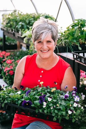 Cheerful woman with gray hair holding tray of colorful pansies in greenhouse.