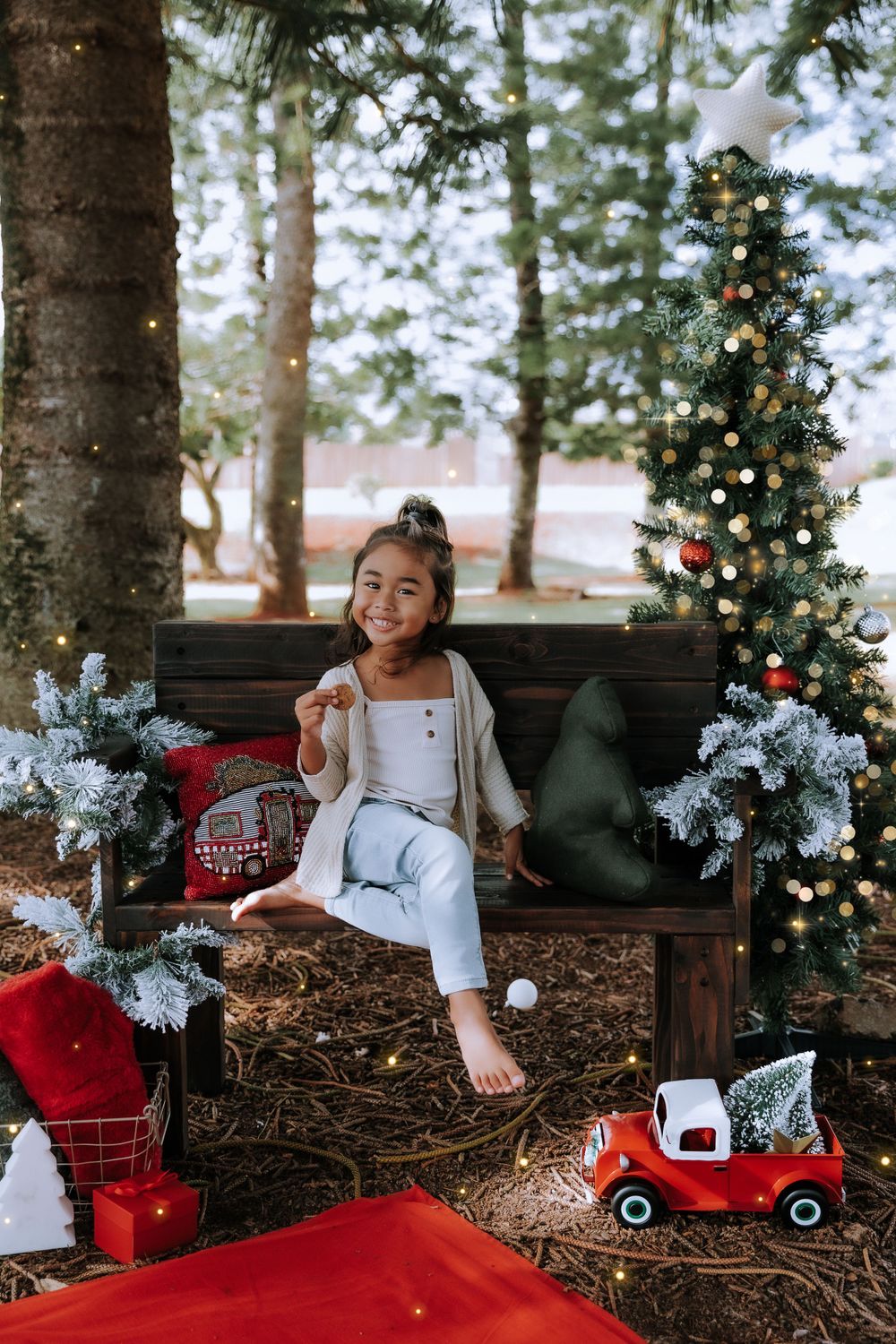 Christmas photo session with vintage red wagon and frosted pine decorations.
