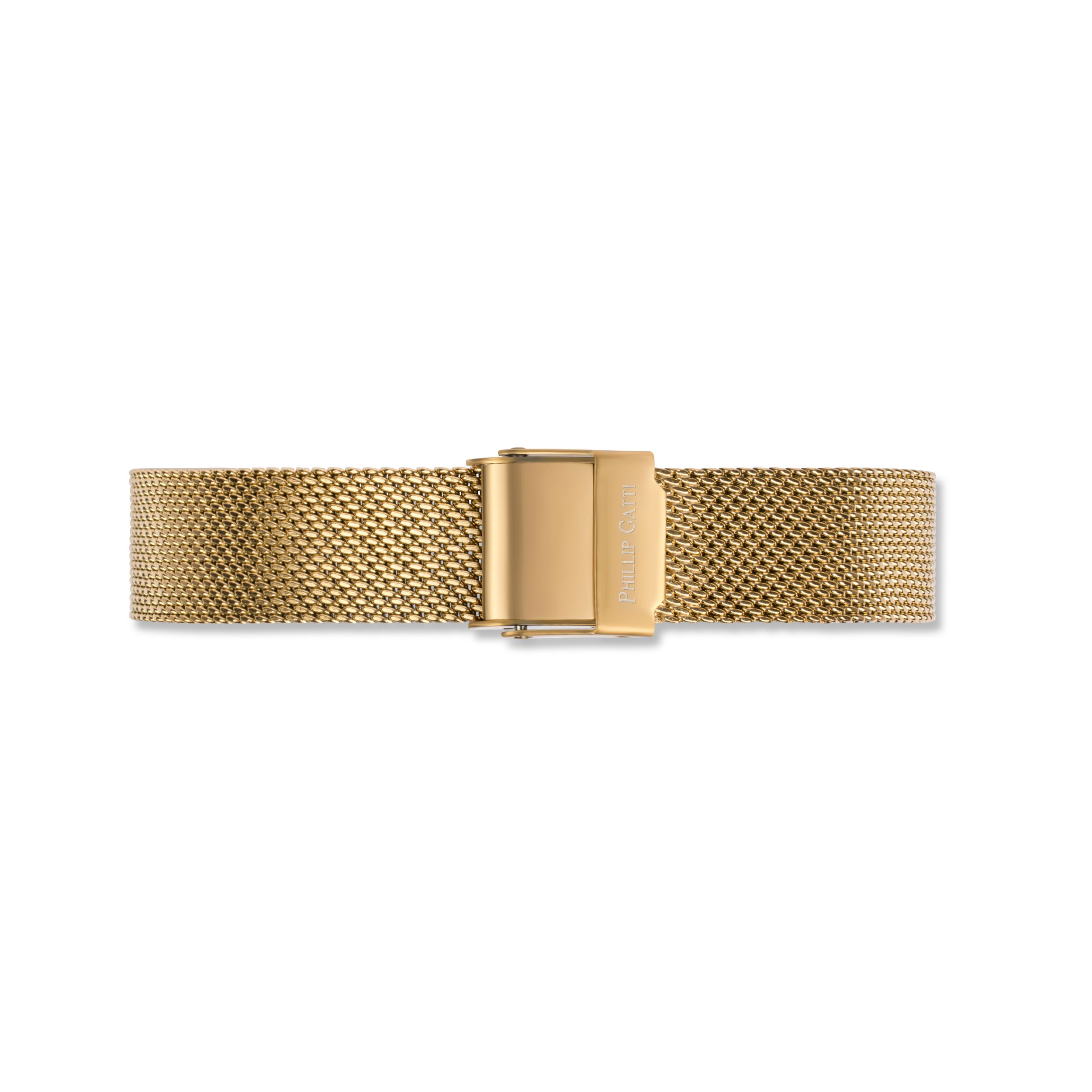 Gold mesh watch band with secure clasp closure in vintage style.