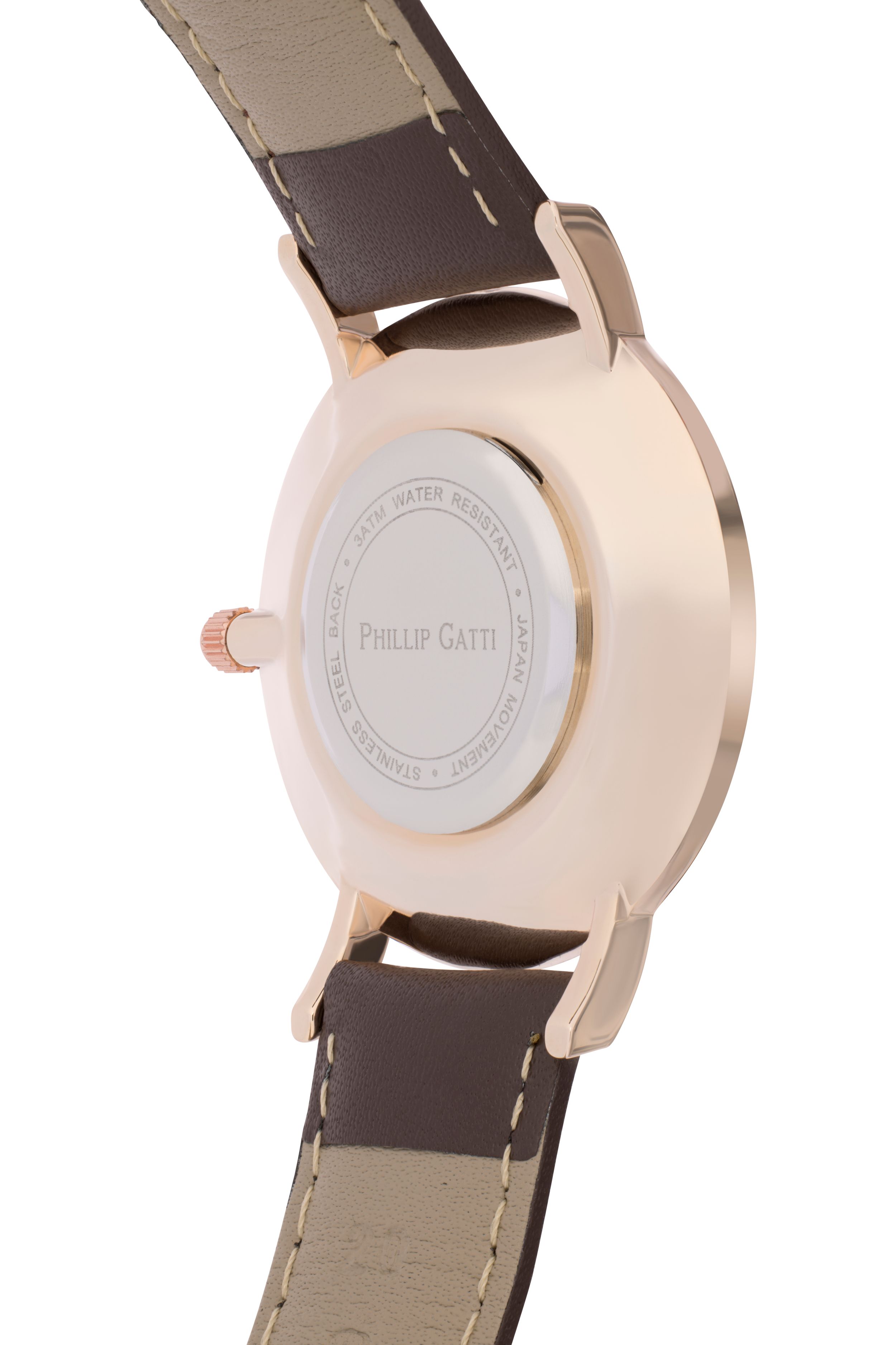 Rose gold watch case back with brown leather strap showing premium details.