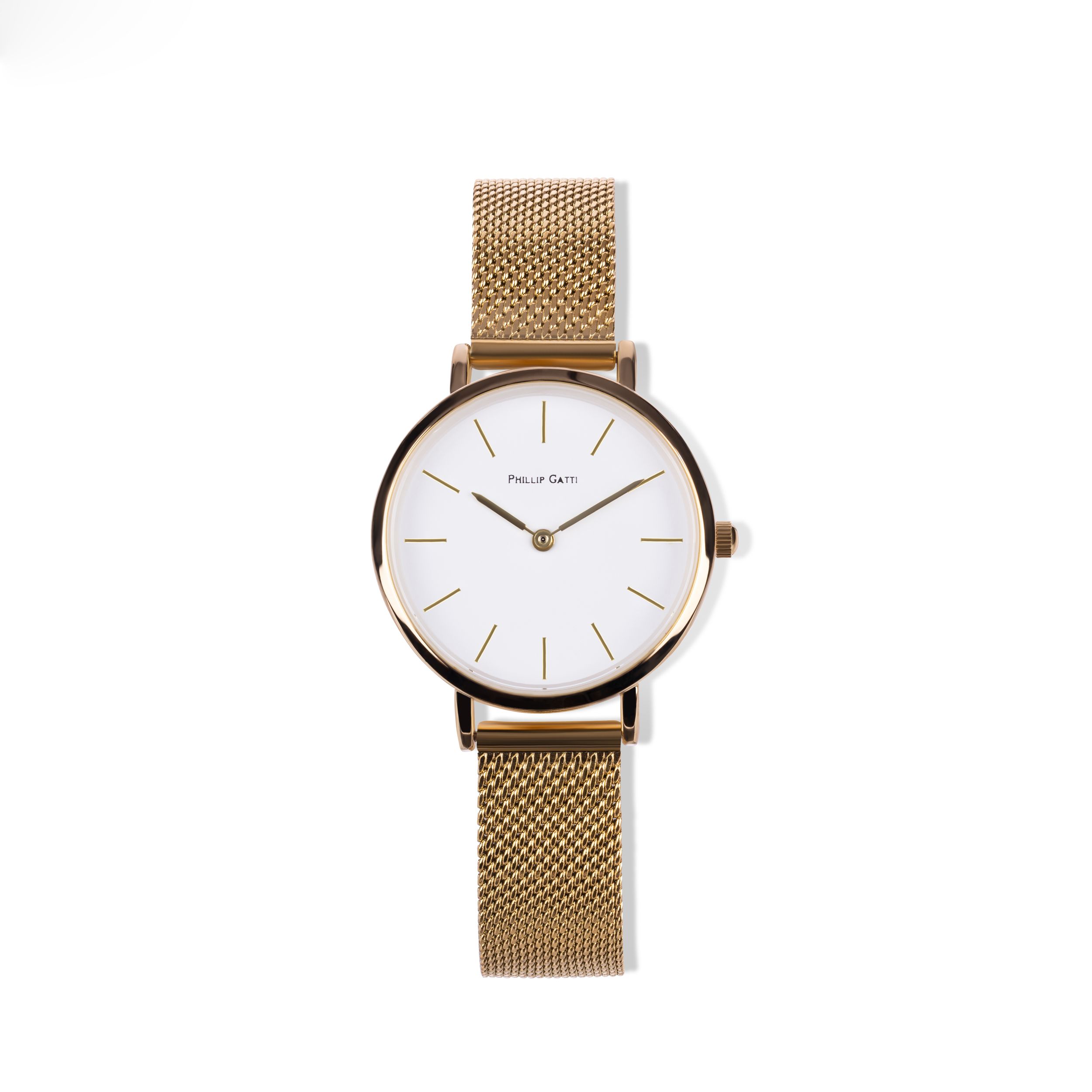 Minimalist gold mesh watch with clean white dial face.