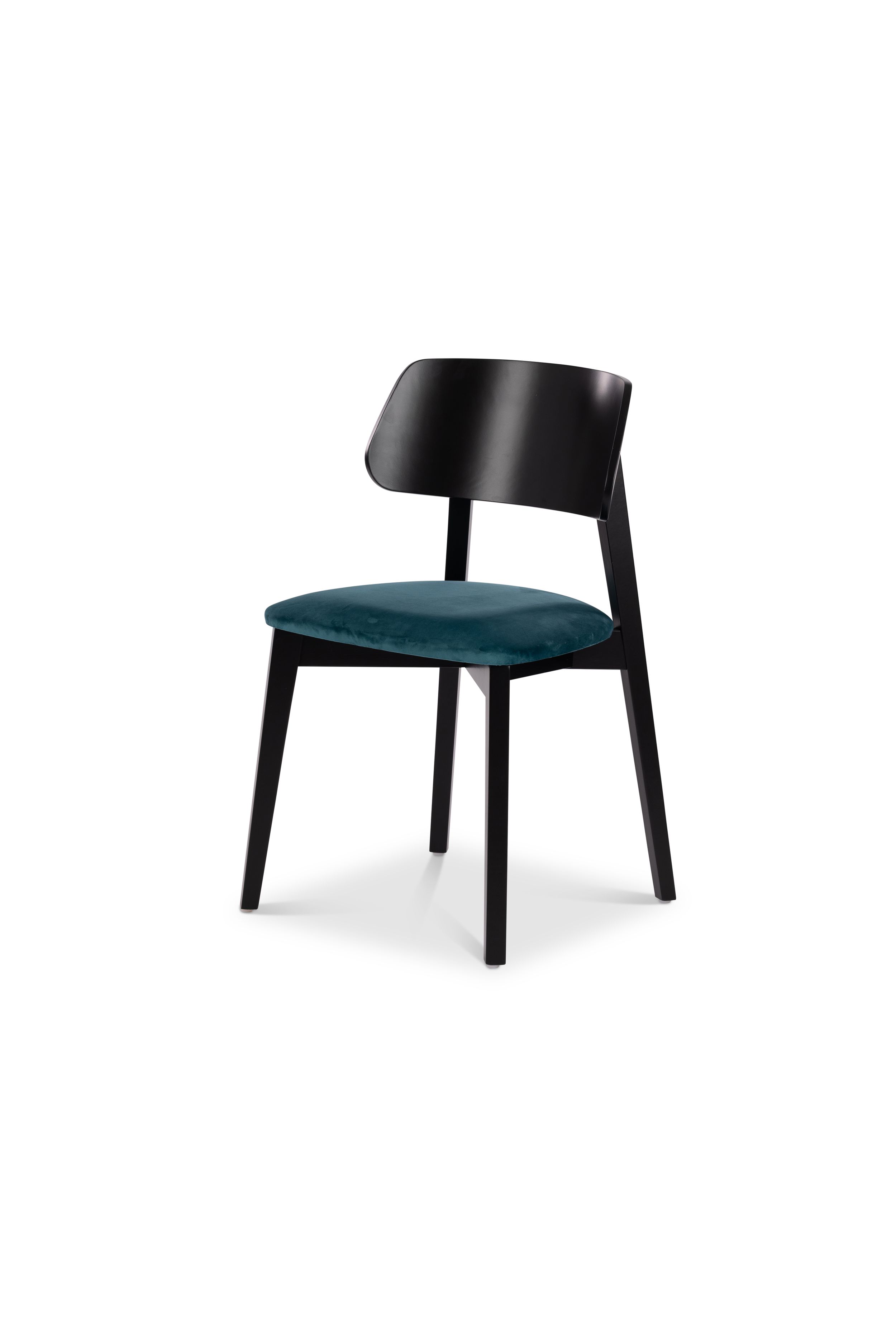 Modern black dining chair with teal upholstered seat cushion on white background.