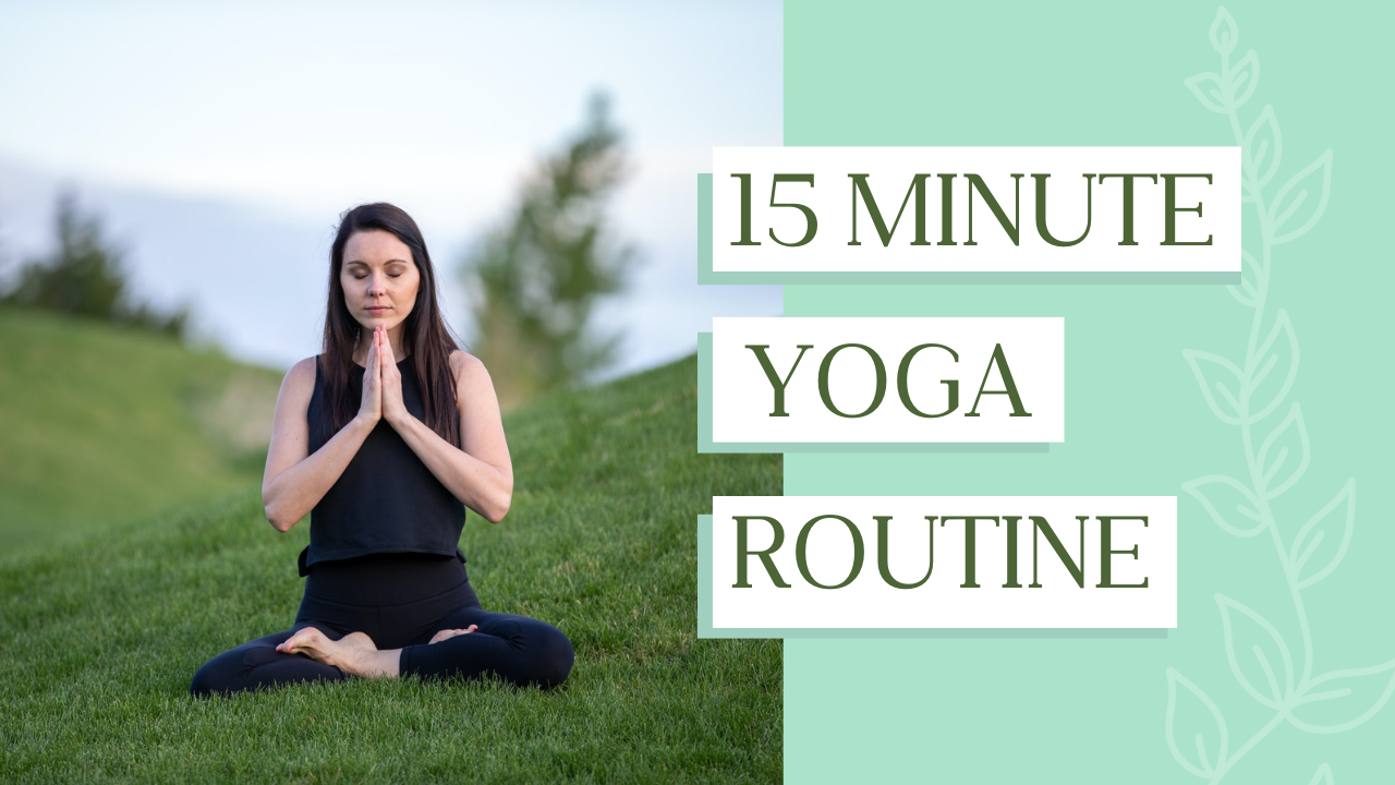 Outdoor yoga session promotion banner with green text overlay.