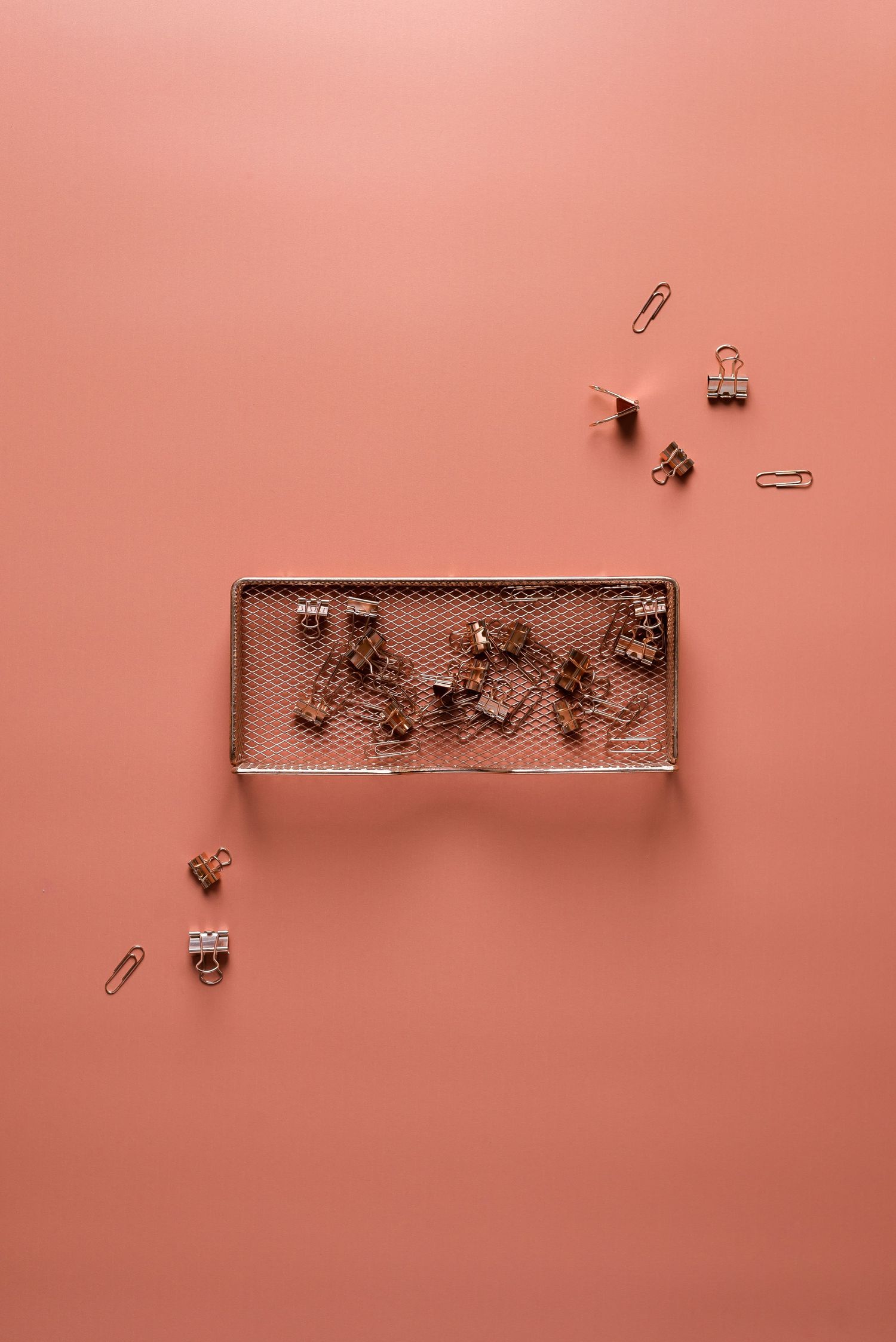 paperclip in tray on muted red backdrop, stylish stock photos for bloggers, coaches and online businesses