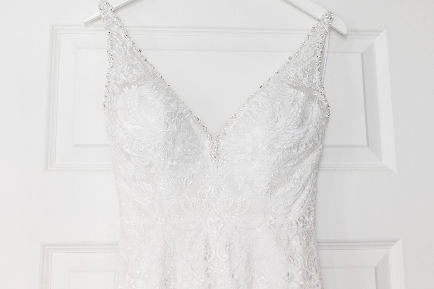 top of v neck neckline wedding dress with straps