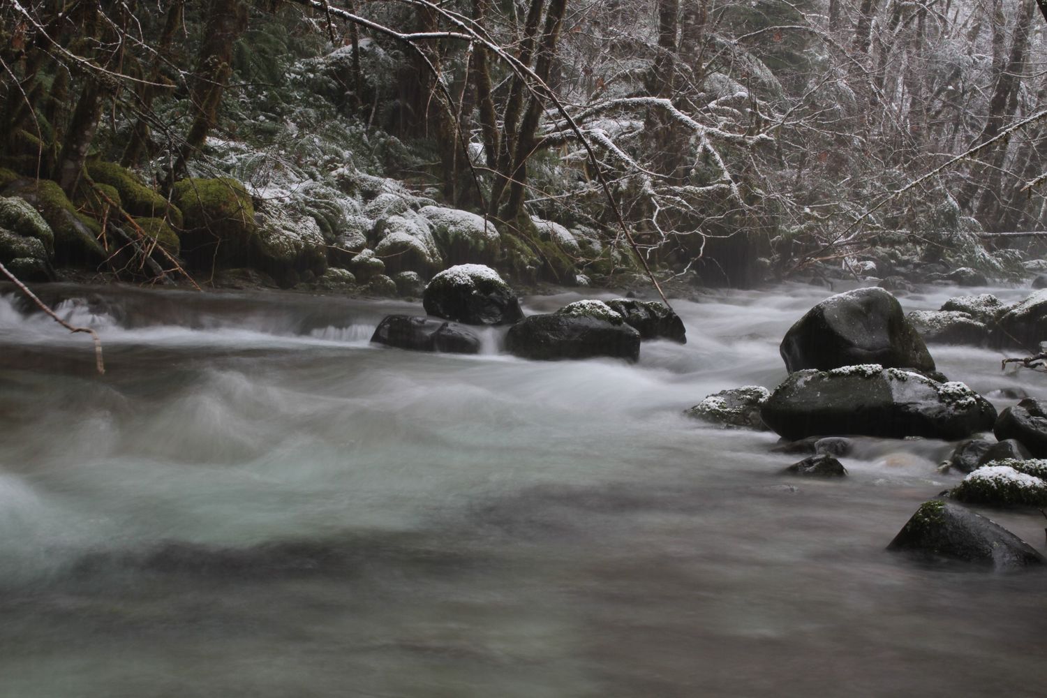 Snowy creek in Cascade Mountains, Oregon