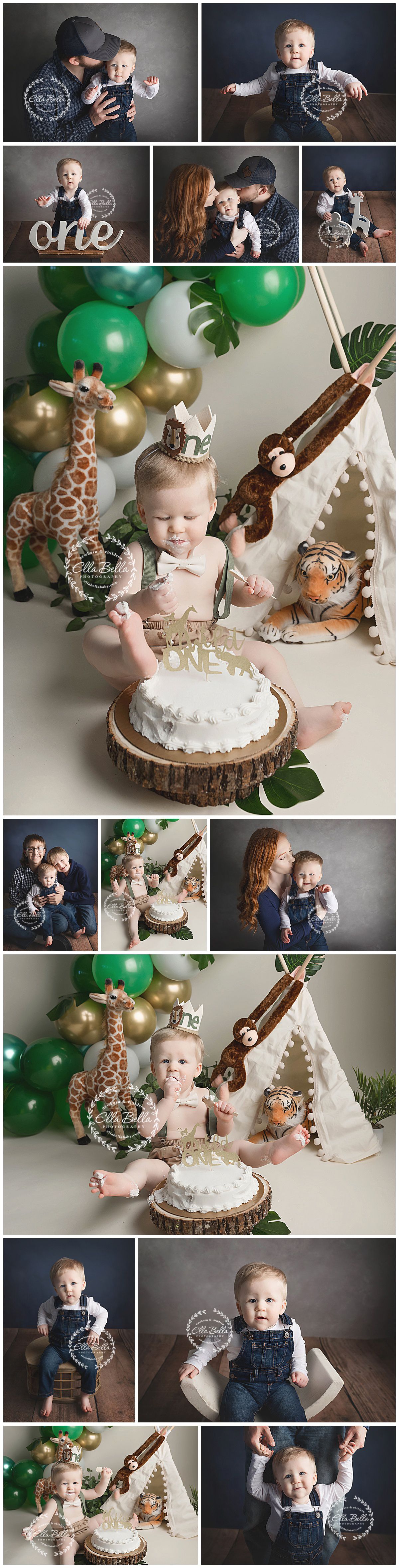 Safari themed first birthday photo collection with jungle decorations and milestone shots.