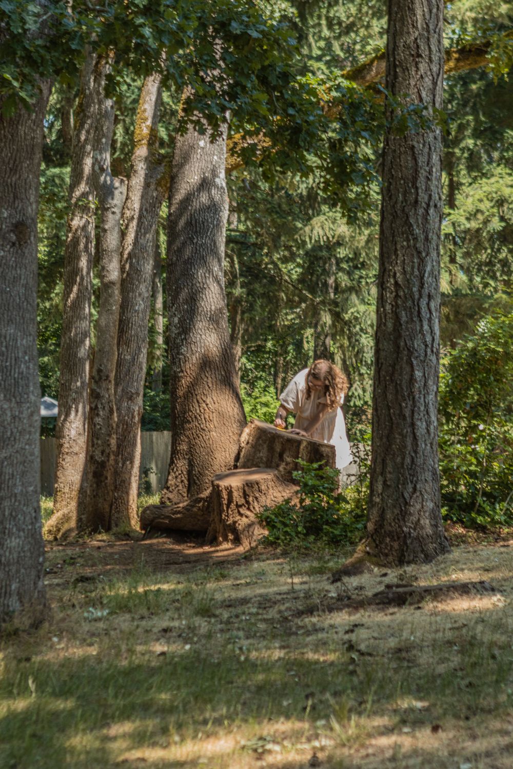A member of the wedding party writes a note for the wedding couple, tucked between some trees, using the stump