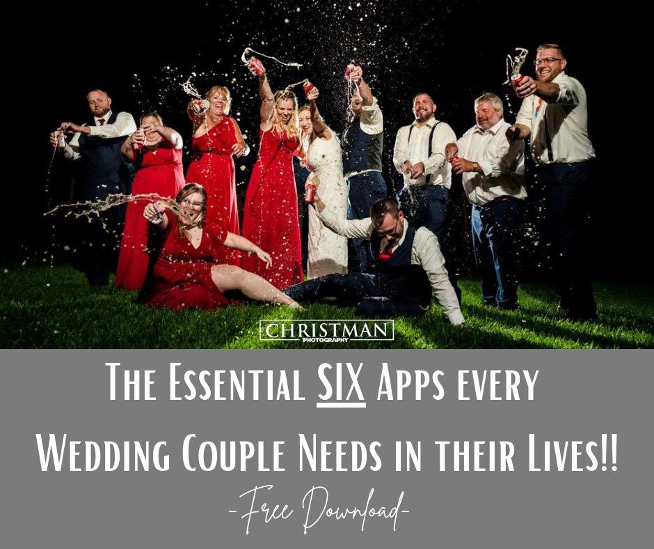 Wedding photography marketing banner showing app essentials for couples.