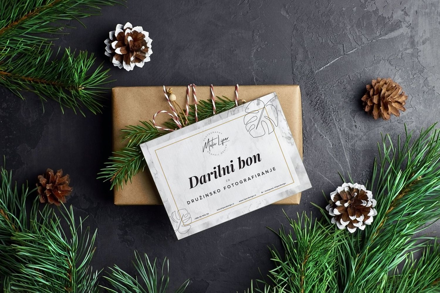 Holiday themed flatlay with pine branches, pinecones and elegant business cards on dark background.