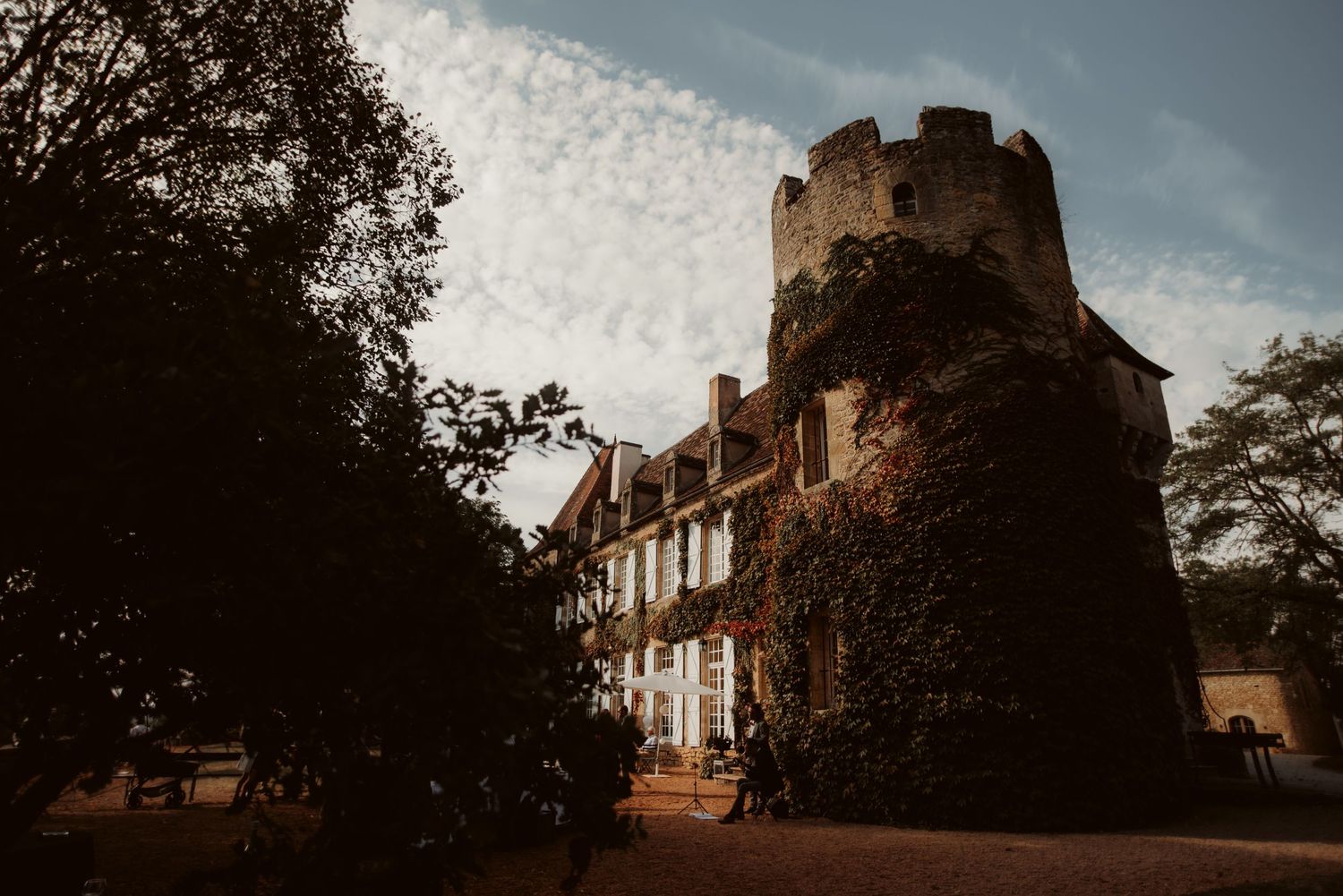 Historic stone castle with ivy-covered tower against cloudy sky.