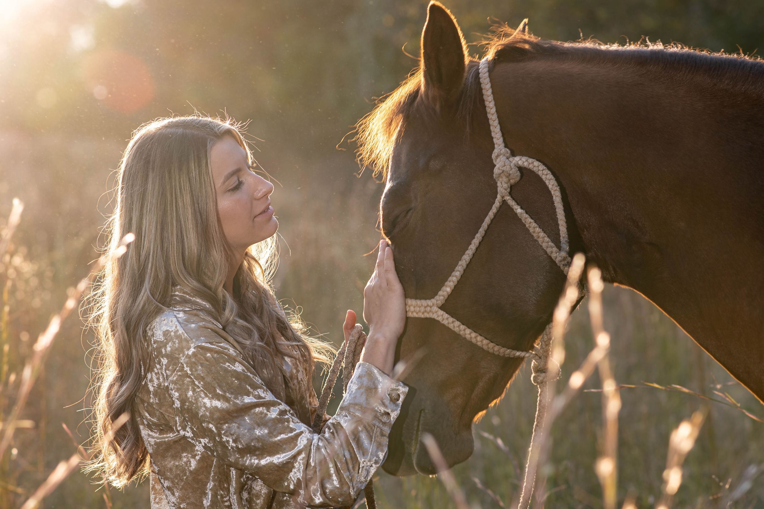Person in shimmering dress gently petting brown horse during golden sunset.