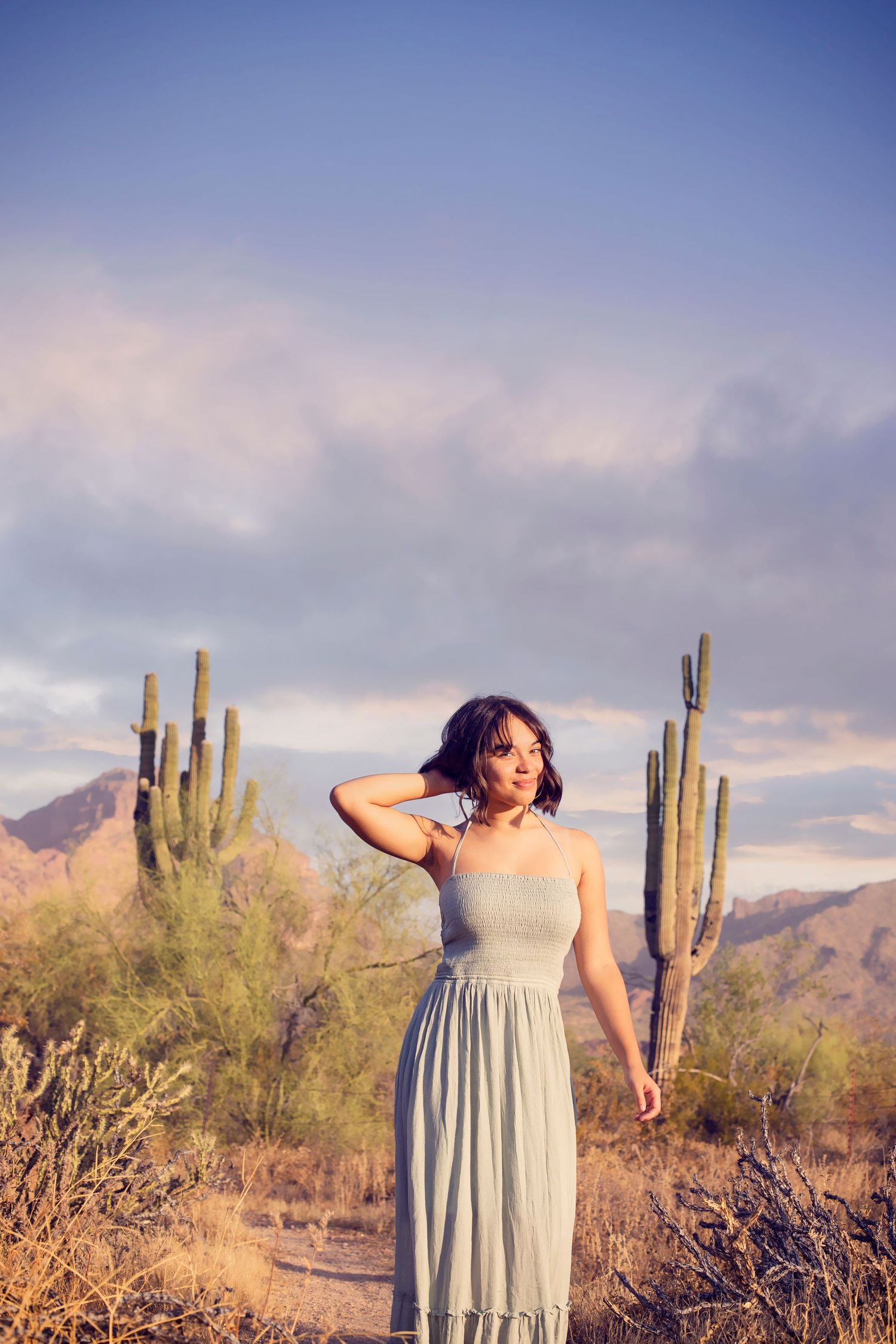 Woman in gray dress poses in desert landscape with saguaro cacti at sunset.