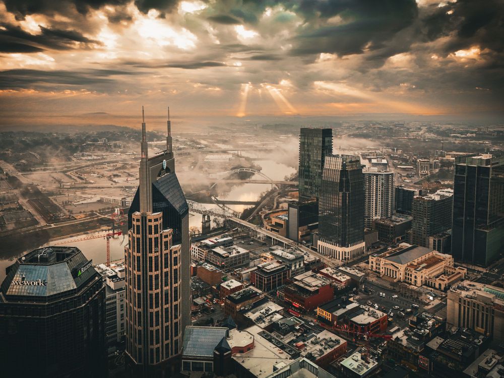 Raw Element Productions drone photograph of At&t Building or Batman Building downtown Nashville.