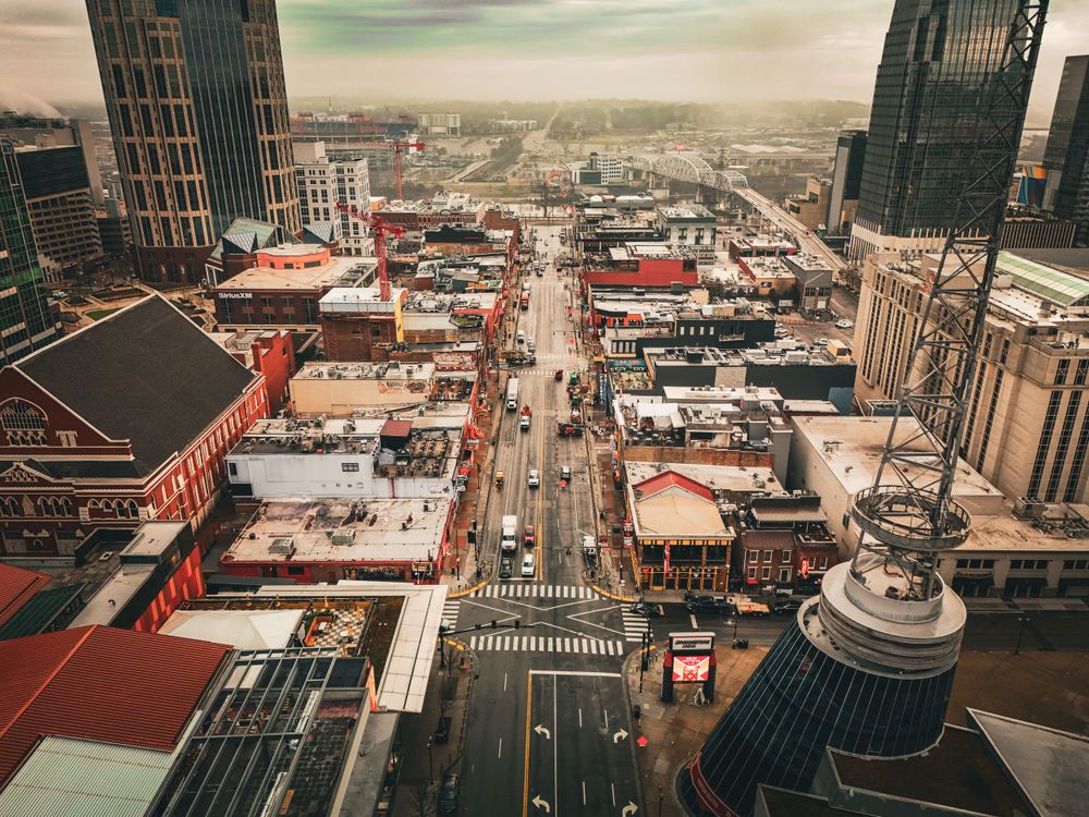 Overhead drone shot of Broadway, downtown Nashville Tennessee.
