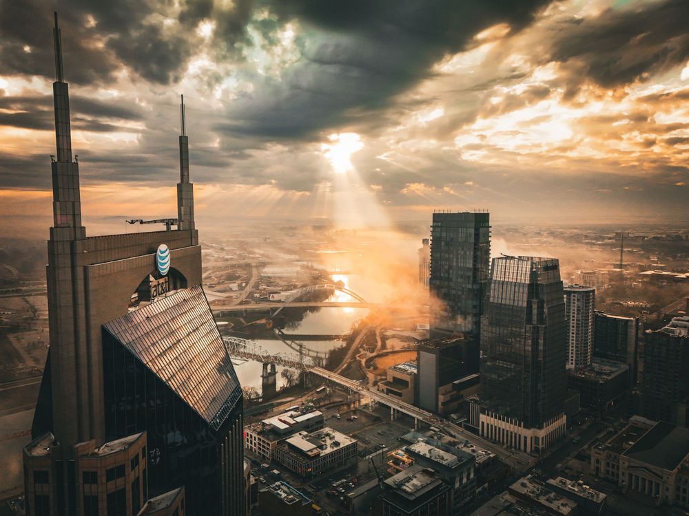 A ray of sunshine coming through the clouds from a drone in Nashville TN