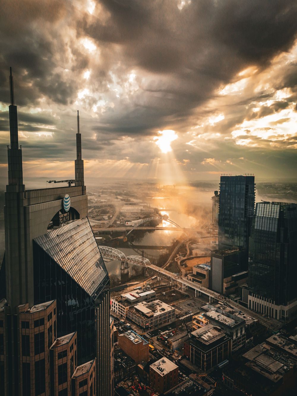 Raw Element Productions drone photo of At&t Building aka the Batman Building downtown Nashville.
