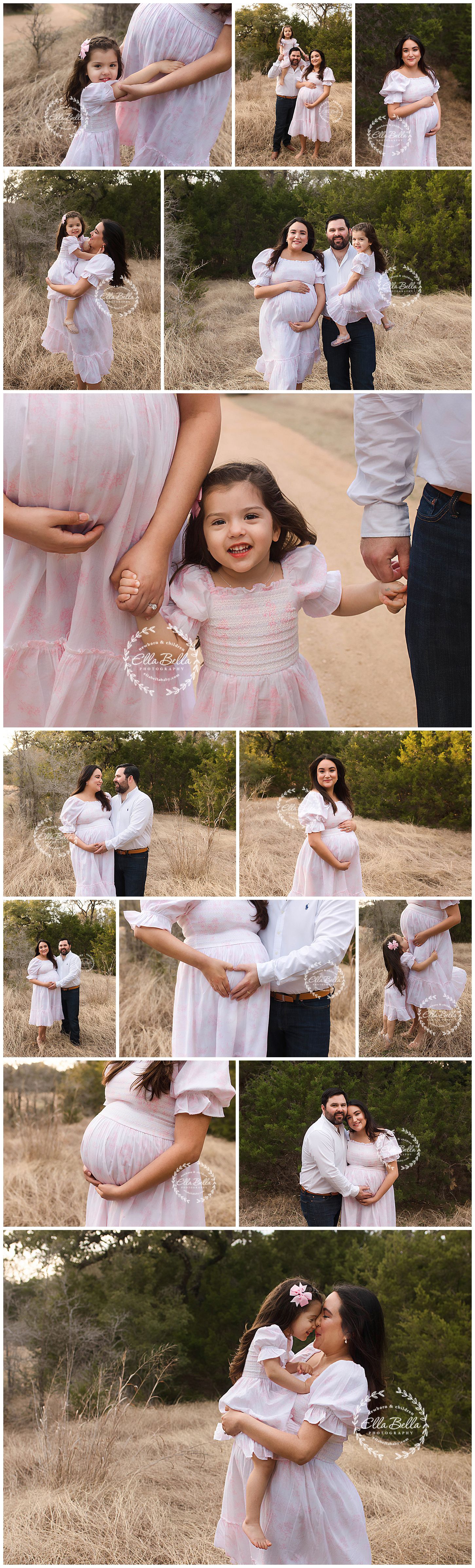 Outdoor maternity photo session featuring soft pink dresses and tender family moments in a natural setting.