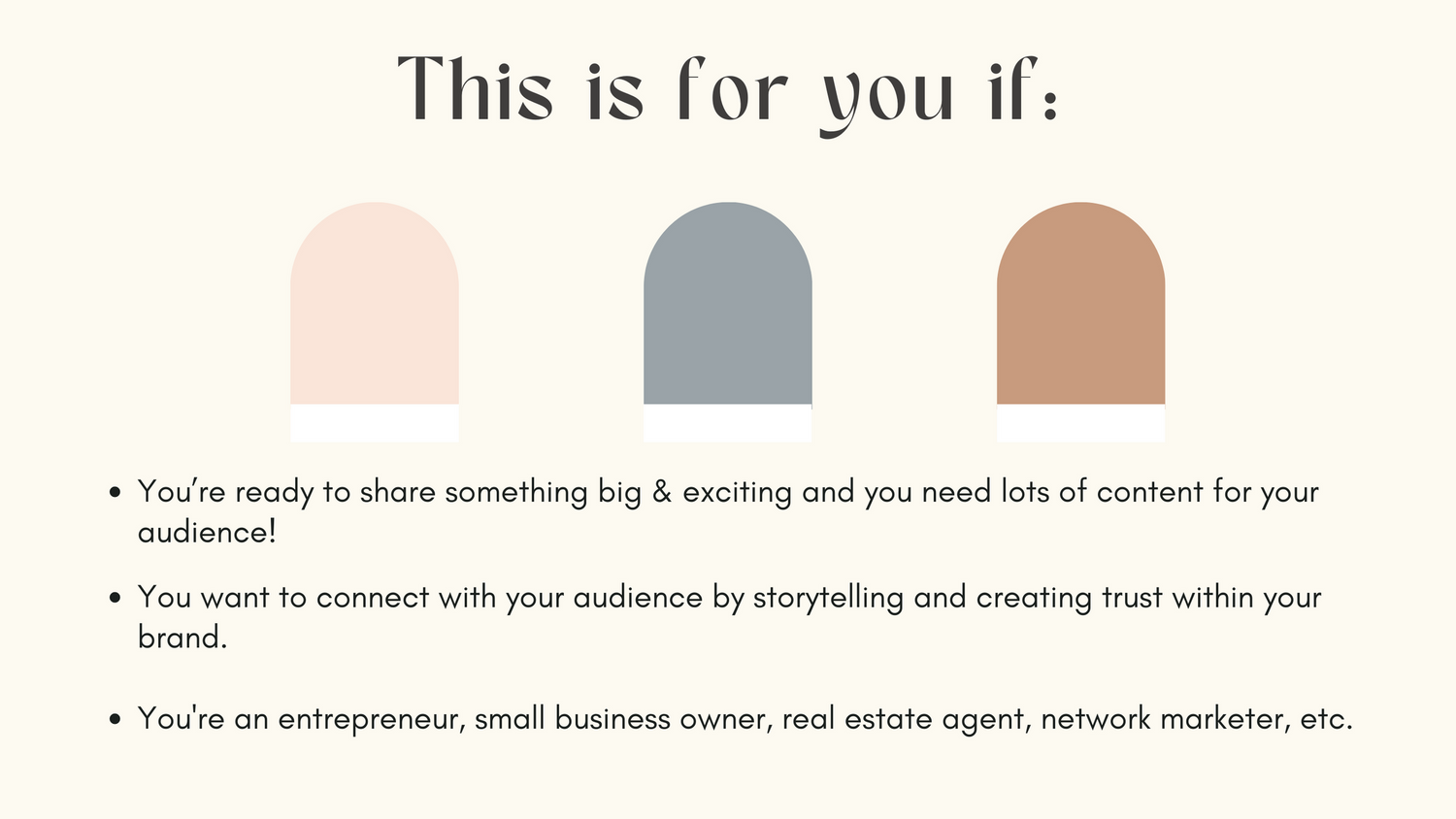 Marketing service offerings slide with neutral color palette and bullet points.