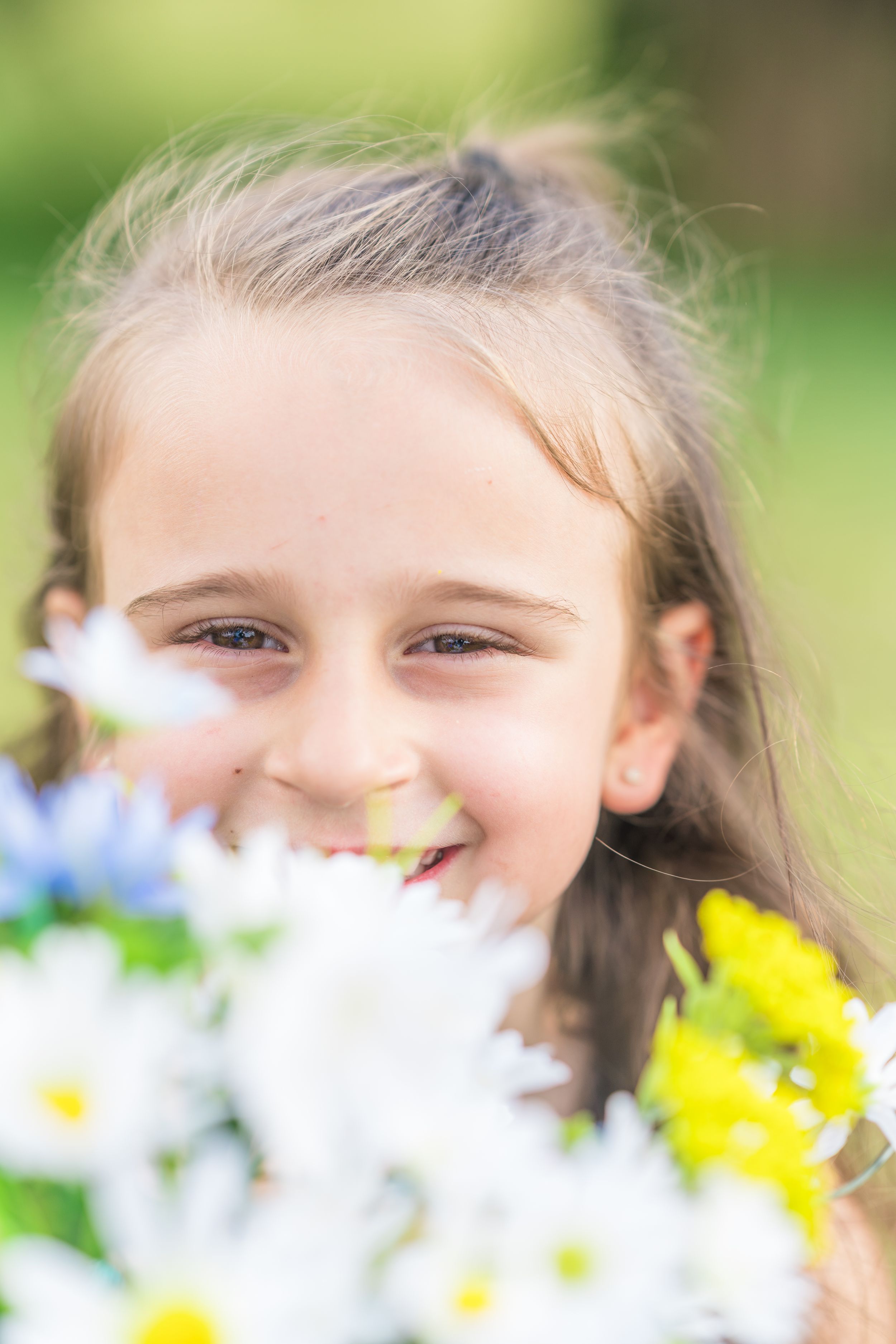 Spring flowers frame blooming daisies in garden setting.