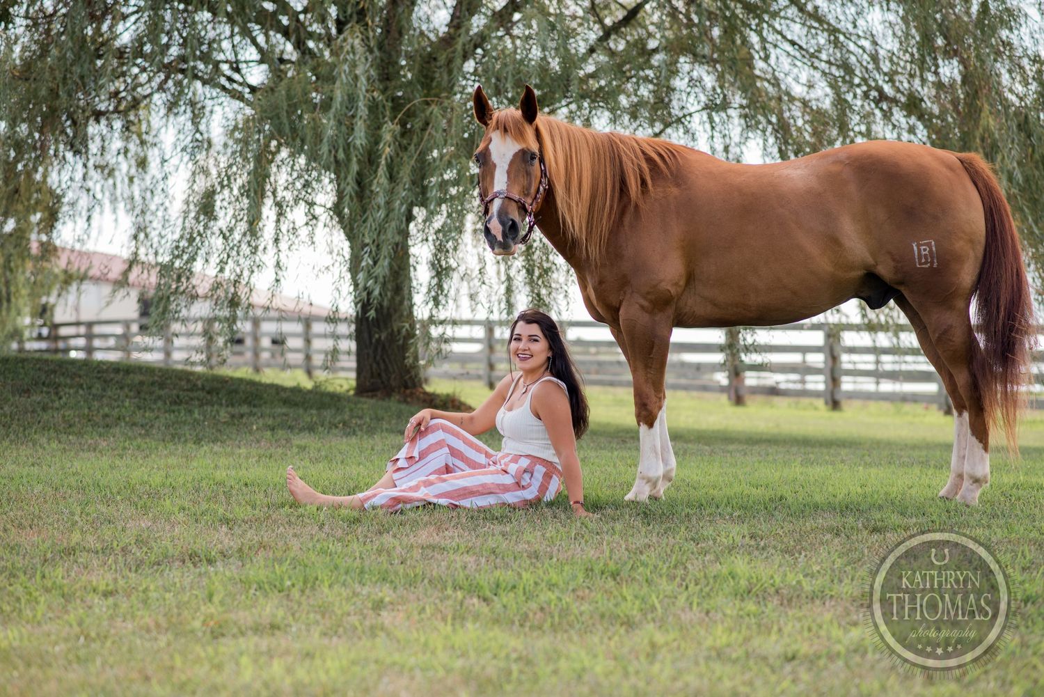 A person in striped dress relaxes on grass beside a chestnut horse near a willow tree.