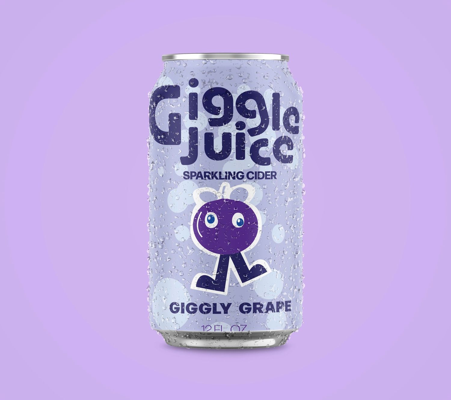 Giggly Grape juice can design with purple cartoon character on light purple background.