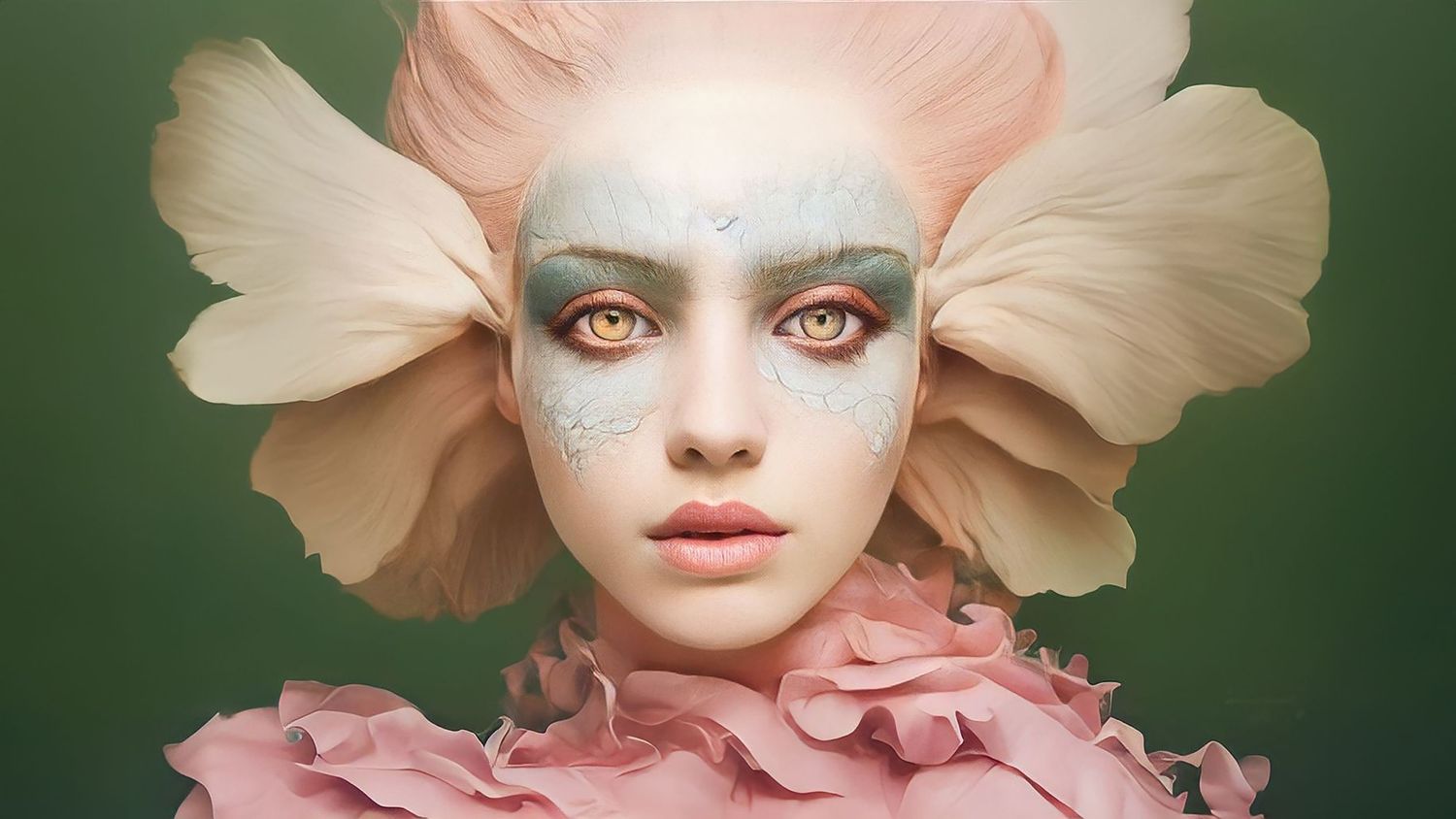 Ethereal portrait with pale pink flower petal collar and white face paint against green background.