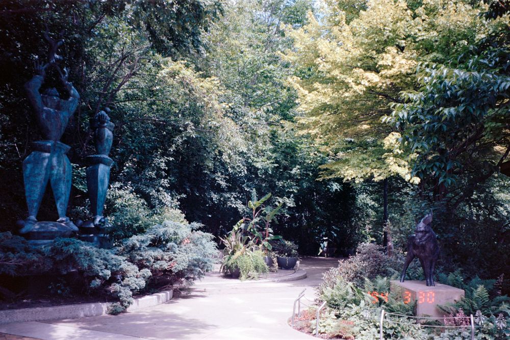 A landscaped garden path winds through trees and statuary in dappled sunlight.