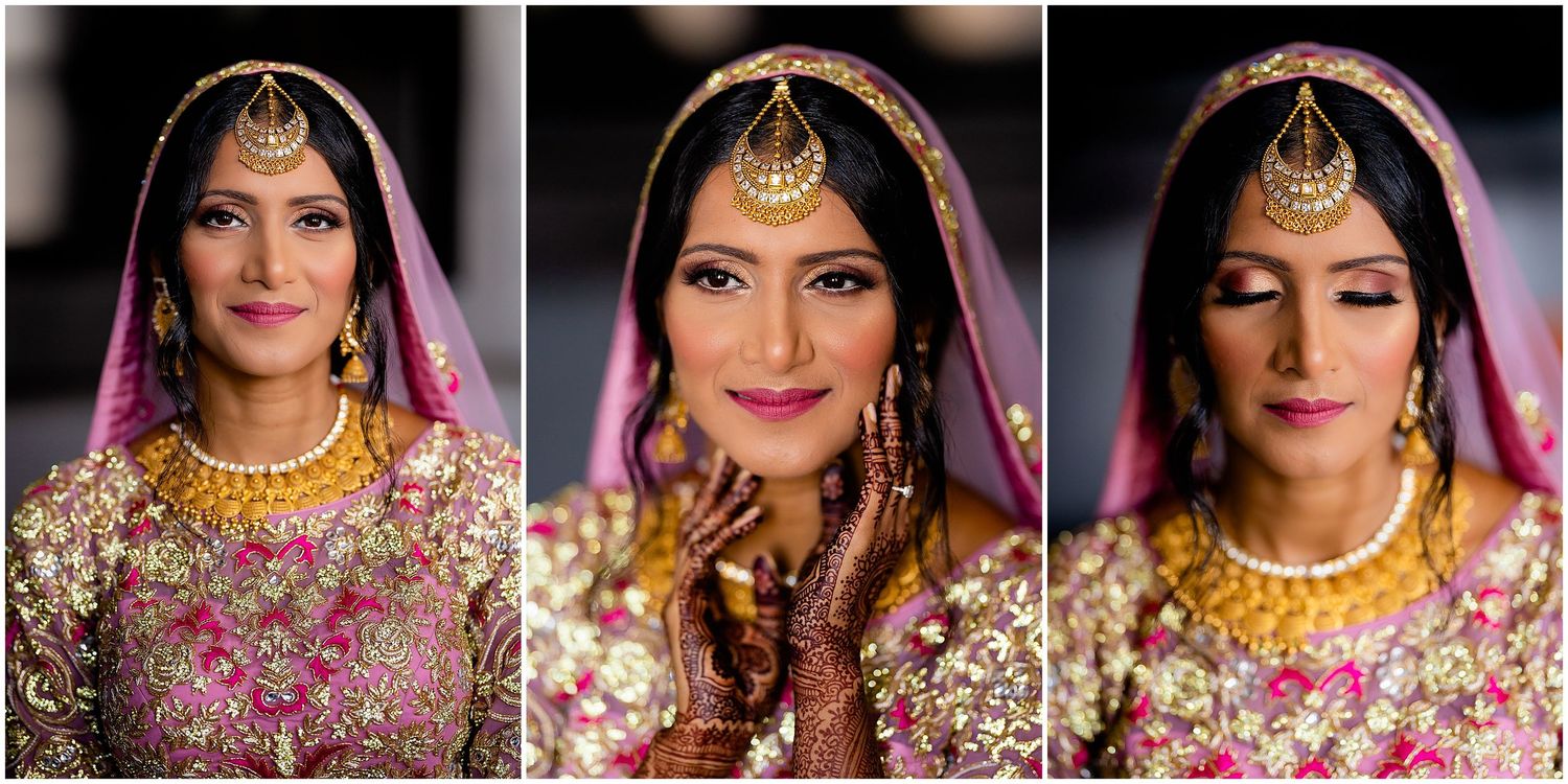 Traditional Indian bridal portraits showcasing jewelry and makeup in three elegant poses.